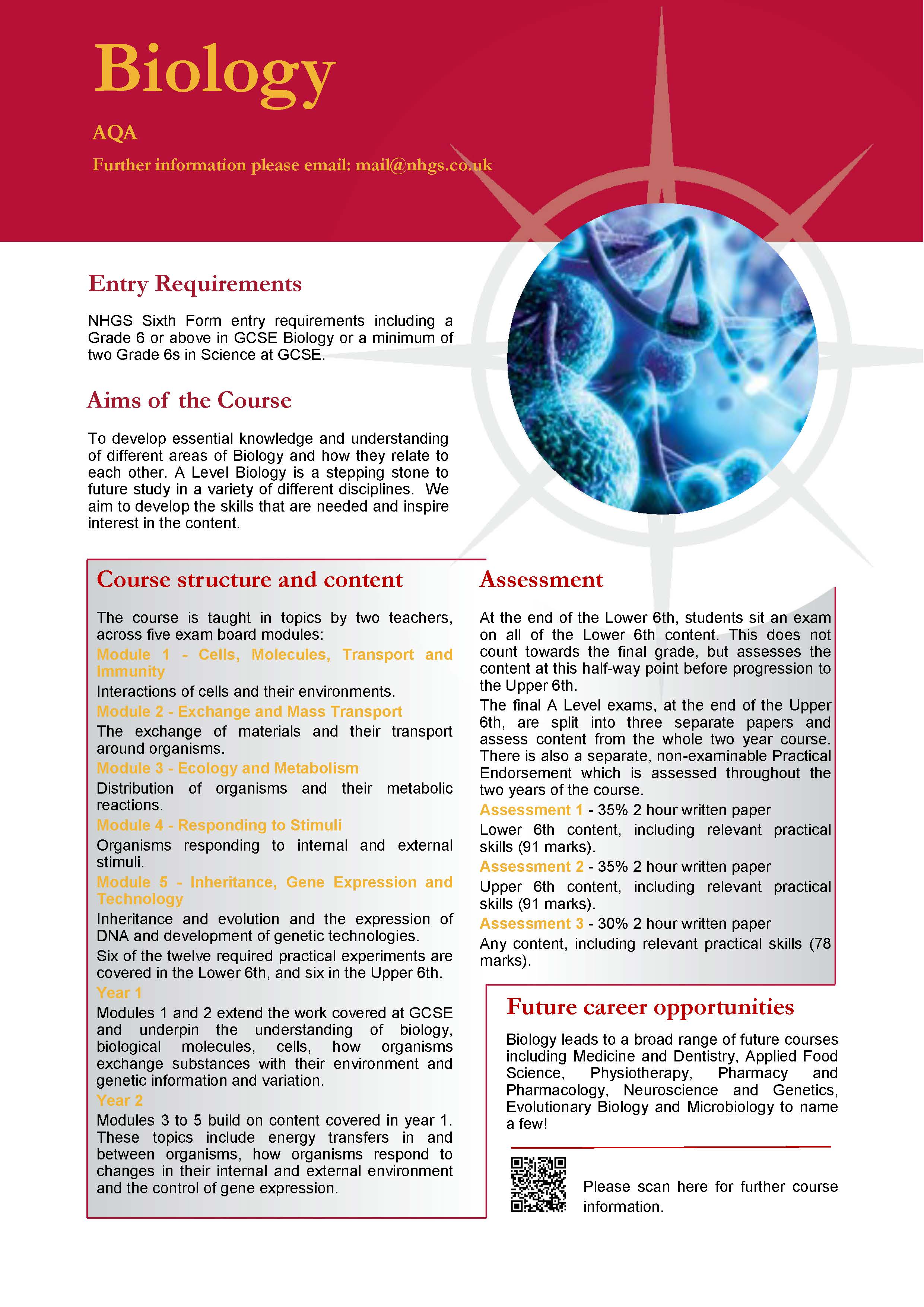 Biology A Level Course Flyer, NHGS Sixth Form