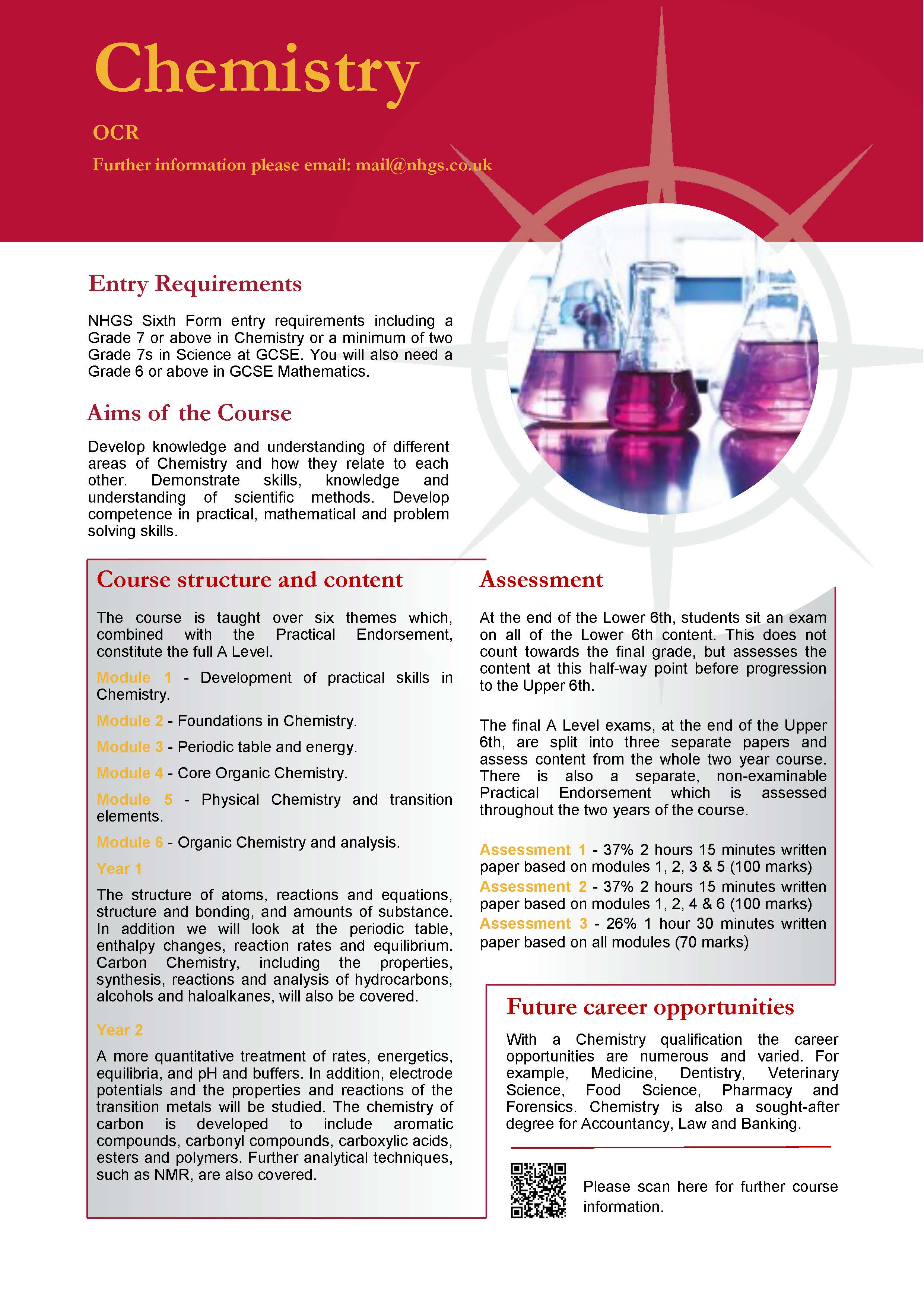 Chemistry A Level Course Flyer, NHGS Sixth Form