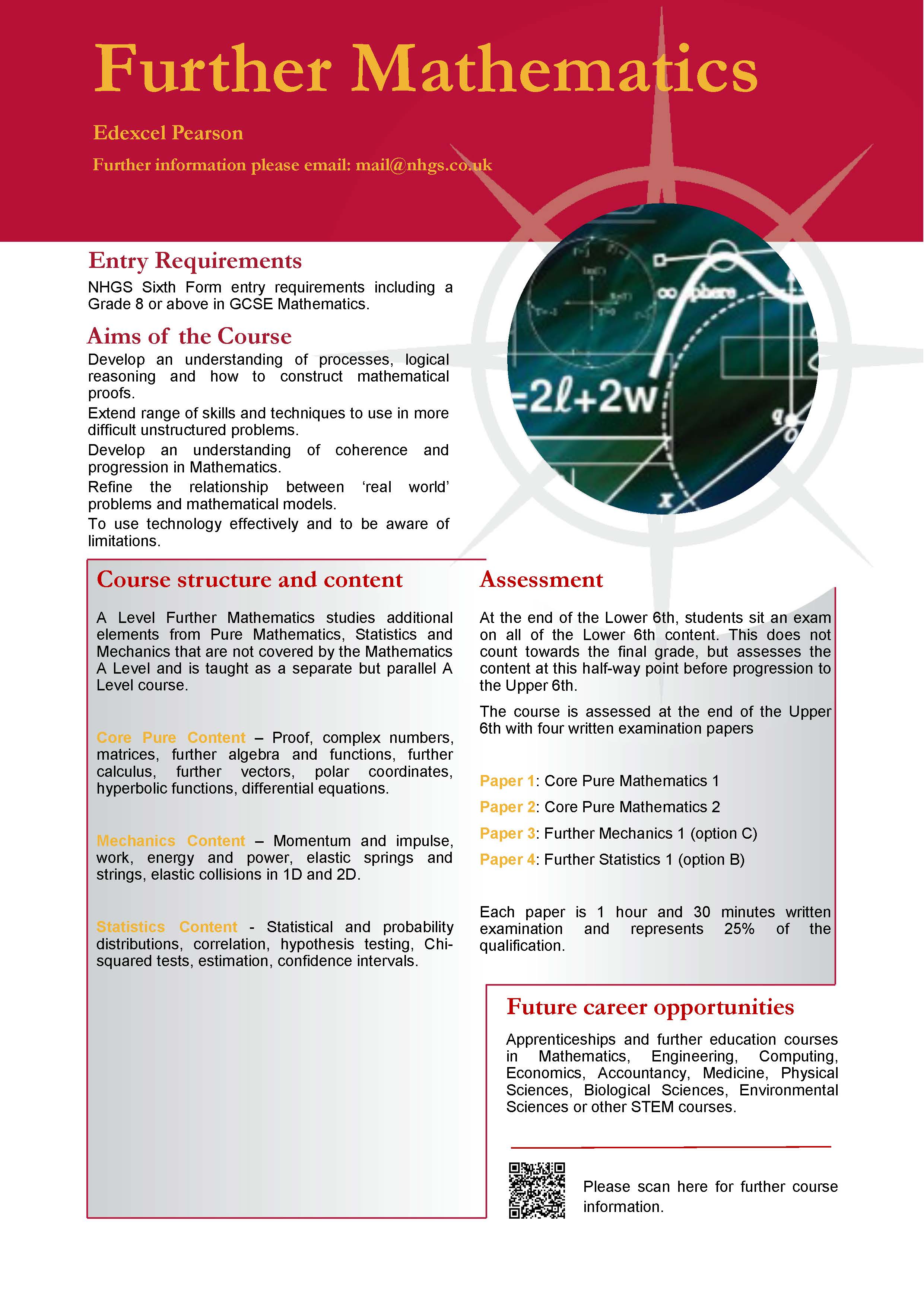 Mathematics and Further Mathematics A Level Course Flyer, NHGS Sixth Form