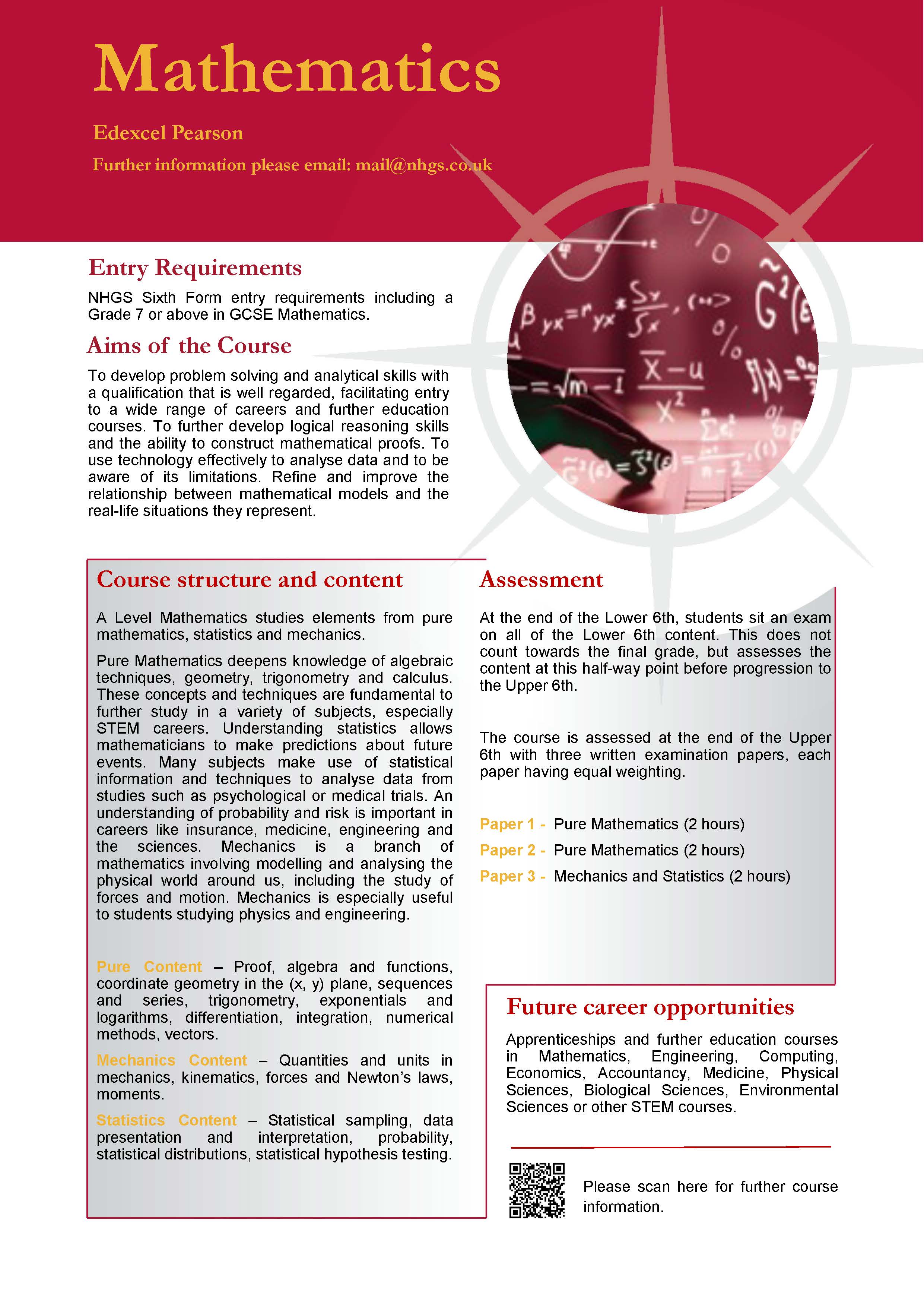 Mathematics and Further Mathematics A Level Course Flyer, NHGS Sixth Form